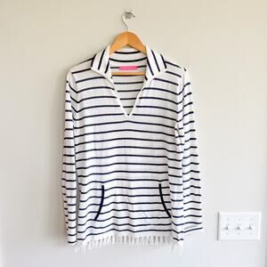 Lily Pulitzer Crestwood Striped Fringe Hem Pullover Sweater White Navy S